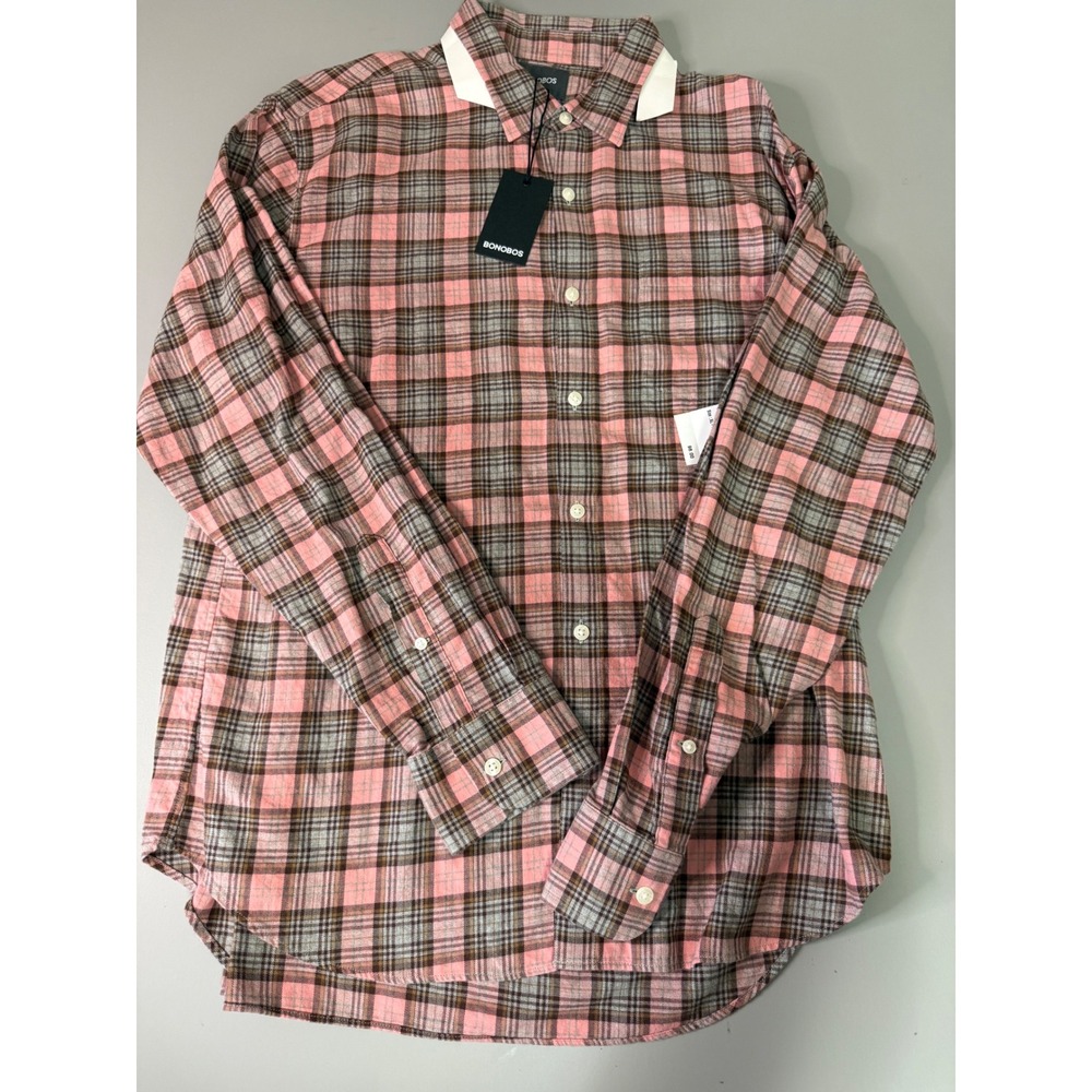 Bonobos Slim Fit Plaid Button Down Shirt Pink Brown Grey Contrast Collar XL NWT
